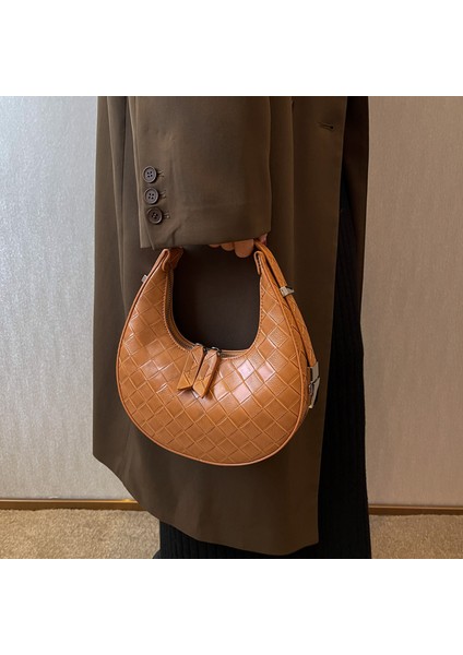 Kahve Trendy Marka Tasarımcısı Dokuma Hobos Çanta ve Cüzdanlar Omuz Çantaları Kadın 2022 Vintage Pu Deri Yarım Ay Tote Yüksek Kalite (Yurt Dışından) fırsatları