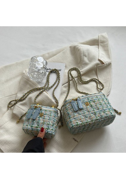 Gök Mavisi Lüks Marka Tasarım Tüvit Kadın Çantaları 2022 Yeni Moda Yün Örgü Çanta Örgü Kafes Retro Kutu Omuz Crossbody Çanta (Yurt Dışından)