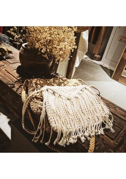 Typea Fildişi El Yapımı Rattan Dokuma Yuvarlak Çanta Eski Püskül Hasır Halat Örme Askılı Çanta Bayan Taze Yaz Plaj Tote (Yurt Dışından)
