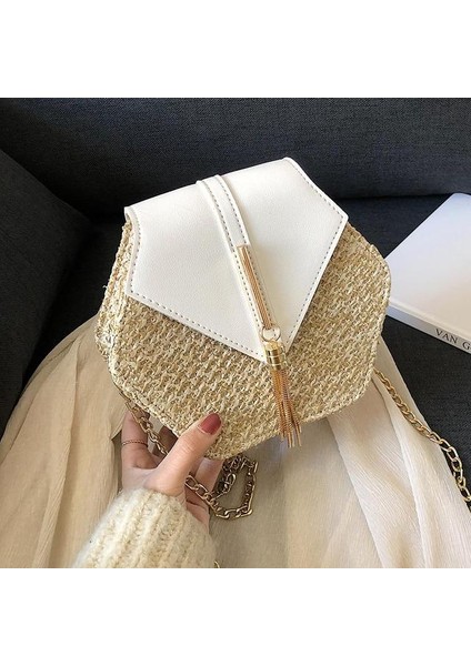 Beyaz Altıgen Şekilli Çok Stil Hasır + Deri Çanta Kadın Yaz Kamış Örgü Çanta El Yapımı Dokuma Plaj Daire Bohemya Omuz Çantası Yeni Moda (Yurt Dışından)