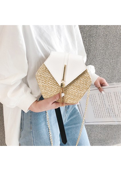 Beyaz Altıgen Şekilli Çok Stil Hasır + Deri Çanta Kadın Yaz Kamış Örgü Çanta El Yapımı Dokuma Plaj Daire Bohemya Omuz Çantası Yeni Moda (Yurt Dışından) modelleri