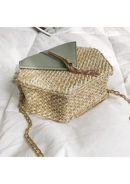 Beyaz Altıgen Şekilli Çok Stil Hasır + Deri Çanta Kadın Yaz Kamış Örgü Çanta El Yapımı Dokuma Plaj Daire Bohemya Omuz Çantası Yeni Moda (Yurt Dışından) fırsatları