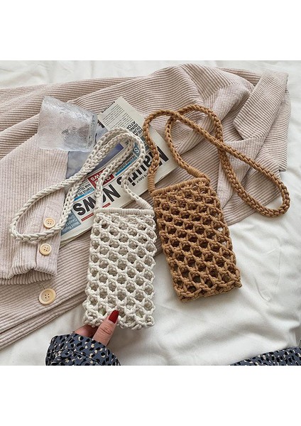 Bej Kadın Moda Küçük Crossbody Telefon Çantası Düz Renk Hollow-Out Dokuma Tığ Hafif Örgülü Omuz Çantası (Yurt Dışından) fiyatları