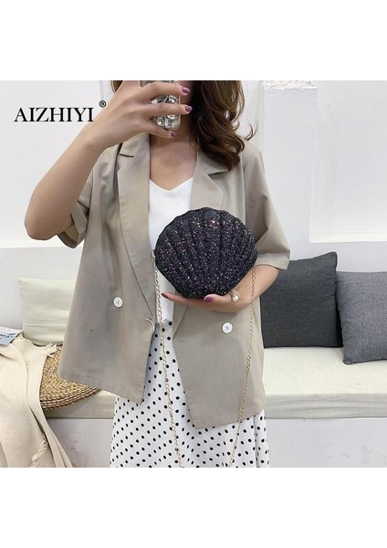 Siyah Aızhıyı Moda Zinciri Payetli Omuz Çantası Kadınlar Için Pu Deri Çanta Sevimli Kabuk Şekli Çanta Mini Yaz Çanta Bolsa Feminina (Yurt Dışından) indirimleri