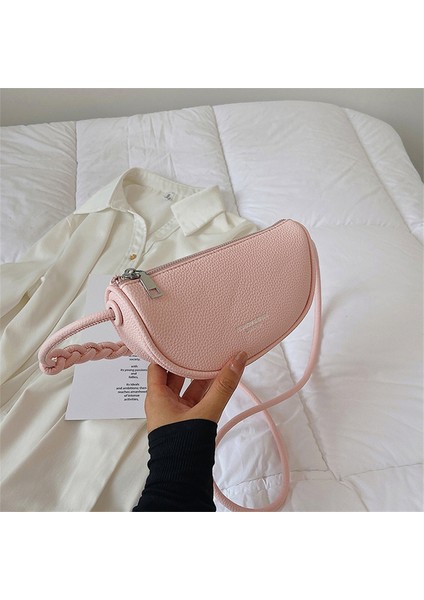 Pembe Çanta Şeker Renk Kadın Küçük Pu Deri Eyer Çantası Tasarımcı Lüks Omuz Çantaları 2022 Sevimli Örgü Kayış Bayan Crossbody Çanta Trendi Yeni (Yurt Dışından)