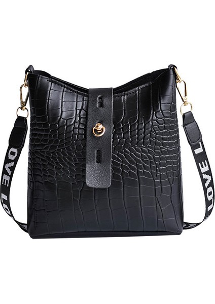 Siyah 2023 Moda Kadın Timsah Postacı Çantası Lüks Bayanlar Çanta Kova Çanta Pu Deri Crossbody Omuzdan Askili Çanta Kadın Çantası (Yurt Dışından)
