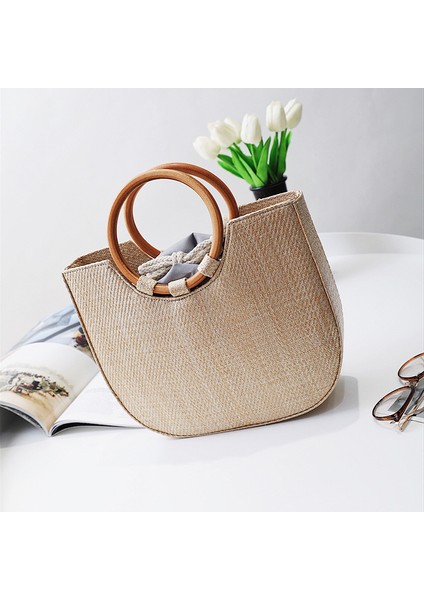 Bej 2022 Yaz Daire Ahşap Saplı Örme Çanta Hasır Çanta Kadın Tote Çanta Rattan Crossbody Çanta Plaj El Çantası Bolso (Yurt Dışından) fiyatları