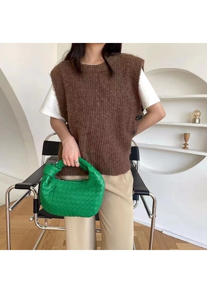 Yeşil Yeni Moda El Yapımı Lüks Dokuma Çanta Yeşil Deri Omuz Çantası Bayanlar Messenger Hobo Pu Nodüler Kolu Rahat Küçük Çanta (Yurt Dışından)