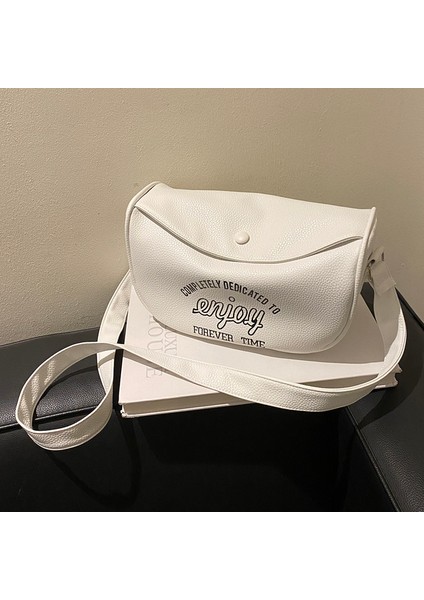 Beyaz Mektup Baskılı Crossbody Çanta Moda Kadın Çanta Pu Deri Rahat Taşınabilir Basit Yumuşak Büyük Kapasiteli Hafta Sonu Tatili Için (Yurt Dışından)