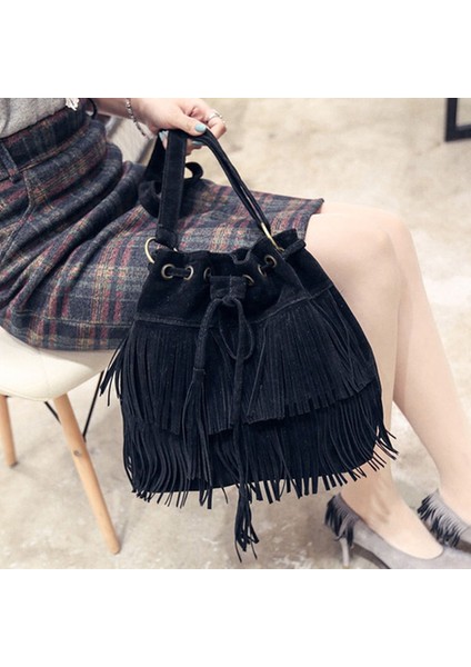 Siyah 2022 Retro Sahte Süet Saçak Kadın Haberci Çanta Tote Yeni Çanta Püskül Omuz Çantaları Crossbody Çanta Bolsa Fesmall Na (Yurt Dışından)