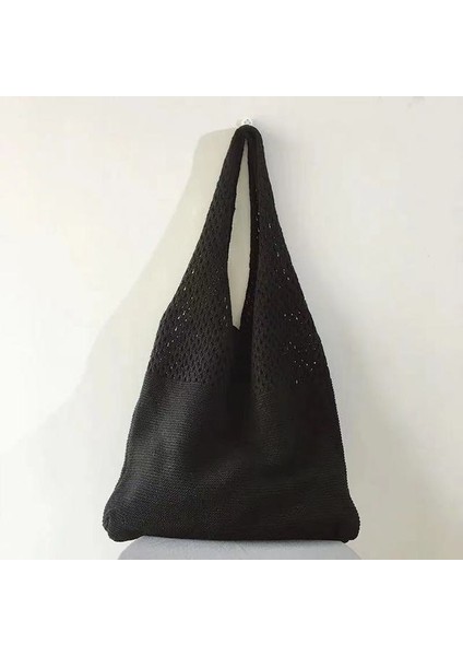 B-Siyah Gusure Basit Omuz Çantası Oymak Kadın Yaz Plaj Seyahat Shopper Tote Örgü Halat Dokuma Hasır Net Çanta Bayan Çanta (Yurt Dışından)