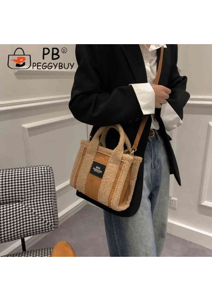 Açık Kahverengi Retro Omuz Çantası Kadın Polar Crossbody Çanta Sahte Süet Tasarımcı Moda Ekleme Sokak Kullanımı Kış Çantası Bayan Kız 2023 (Yurt Dışından)
