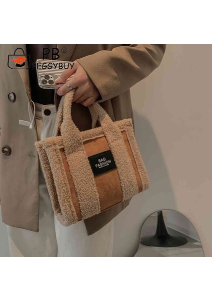 Açık Kahverengi Retro Omuz Çantası Kadın Polar Crossbody Çanta Sahte Süet Tasarımcı Moda Ekleme Sokak Kullanımı Kış Çantası Bayan Kız 2023 (Yurt Dışından)