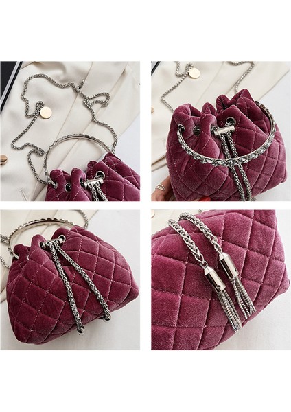 Siyah Lüks Kapitone Kadife Çanta Kadın Moda Kadife Omuz Çantası Metal Püskül Zincir Crossbody Çanta Kafes Kristal Kova Kılıfı (Yurt Dışından) modelleri