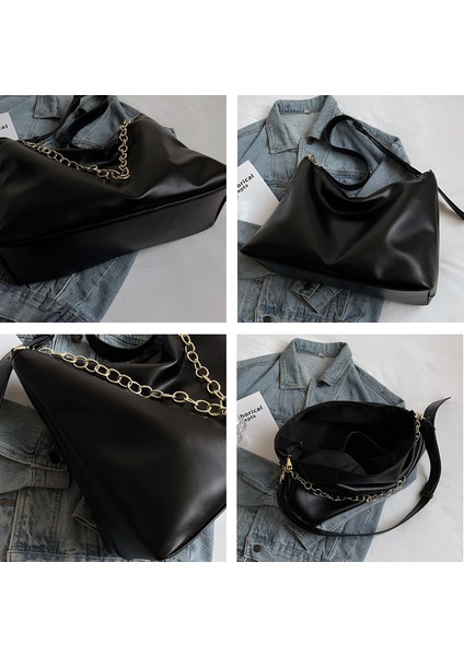 Kahverengi 2023 Moda Katı Kadın Çanta Çanta Yüksek Kapasiteli Kadın Zincir Omuz Çantası Pu Deri Crossbody Çanta Hobo Omuz Çantası (Yurt Dışından)