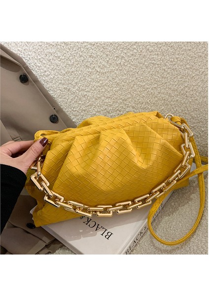 Sarı Örgü Bulutlar Çanta Kadın Çantası Pu Deri Moda Kalın Zincir Omuz Çantası Kadınlar Için Trendy Crossbody Çanta 2023 Bolsa Feminina (Yurt Dışından)