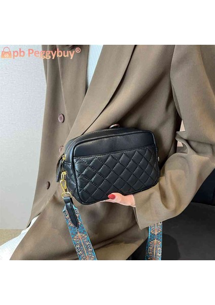 Siyah Retro Crossbody Çanta Kapitone Pu Deri Crossbody Tek Kollu Çanta Baskılar Geniş Kayış Eşkenar Dörtgen Desen Katı Fermuar Küçük Kadın Satchel (Yurt Dışından) fırsatları