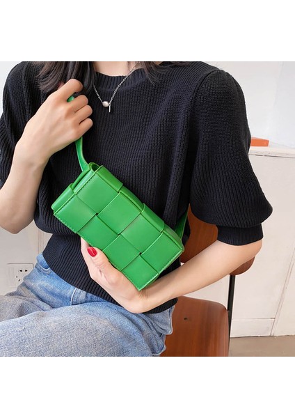 Yeşil 1 Mini Kadın Örgü Telefon Messenger Çanta Kısa Saplı Pu Deri Çanta Yaz Lüks Tasarımcı Eğilim Omuz Çantası Bayan Tote (Yurt Dışından)