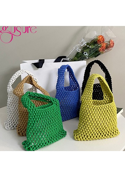 B-Sarı Gusure Basit Omuz Çantası Oymak Kadın Yaz Plaj Seyahat Shopper Tote Örgü Halat Dokuma Hasır Net Çanta Bayan Çanta (Yurt Dışından) fiyatları