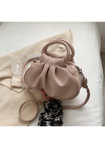 Pembe Vintage Yumuşak Deri Omuz Çantaları Kadınlar Için Tasarımcı Bayanlar Çanta Moda Pileli Tote Çanta Kadın Hobos Çanta Çapraz Vücut Çanta (Yurt Dışından)