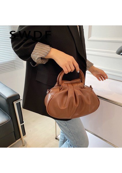 Pembe Vintage Yumuşak Deri Omuz Çantaları Kadınlar Için Tasarımcı Bayanlar Çanta Moda Pileli Tote Çanta Kadın Hobos Çanta Çapraz Vücut Çanta (Yurt Dışından) fırsatları