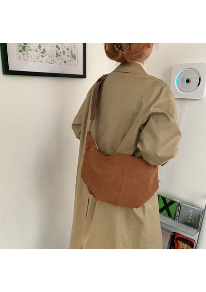 Kumral Retro Nubuk Pu Deri Kadın Omuz Hobos Çanta Düz Renk Kahverengi Crossbody Çanta Büyük Kapasiteli Kadın Alışveriş En Saplı Çanta (Yurt Dışından)