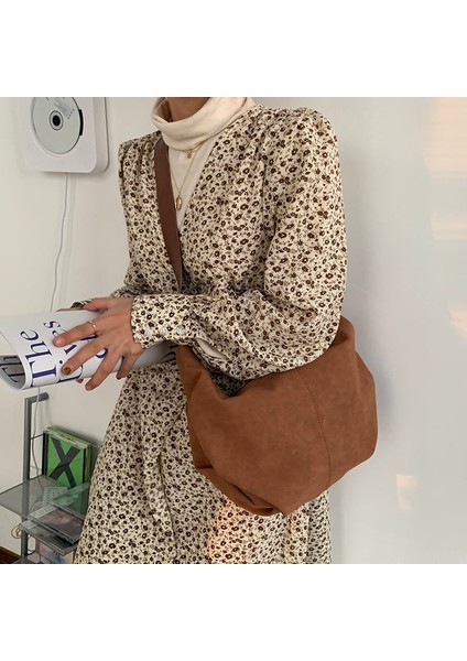 Kumral Retro Nubuk Pu Deri Kadın Omuz Hobos Çanta Düz Renk Kahverengi Crossbody Çanta Büyük Kapasiteli Kadın Alışveriş En Saplı Çanta (Yurt Dışından)