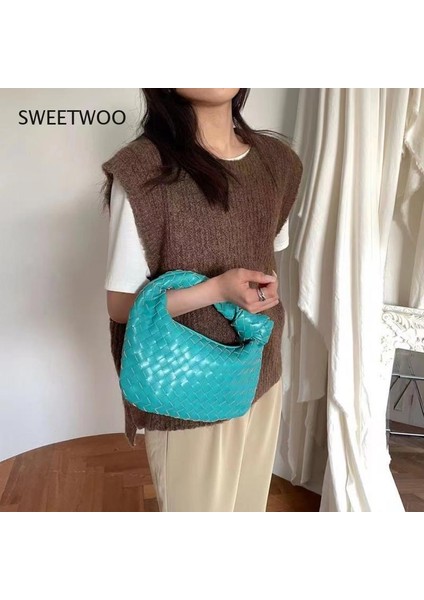 Haki Yeni Moda El Yapımı Lüks Dokuma Çanta Yeşil Deri Omuz Çantası Bayanlar Messenger Hobo Pu Nodüler Kolu Rahat Küçük Çanta (Yurt Dışından)
