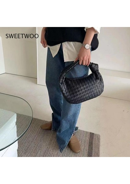 Haki Yeni Moda El Yapımı Lüks Dokuma Çanta Yeşil Deri Omuz Çantası Bayanlar Messenger Hobo Pu Nodüler Kolu Rahat Küçük Çanta (Yurt Dışından)
