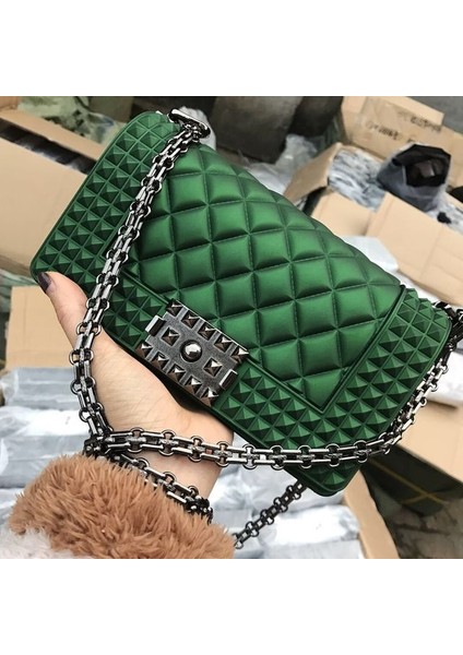 Yeşil 2020 Moda Kadın Postacı Çantası Yüksek Kaliteli Buzlu Pvc Jöle Çanta Çift Zincirler Omuz Kadın Çantası Için Crossbody Çanta (Yurt Dışından)