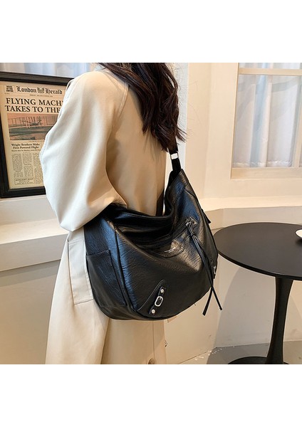 Siyah Siyah Büyük Kapasiteli Omuz Çantası Kadın Deri Çanta Moda Yumuşak Seyahat Çantası Kadın Crossbody Çanta Vintage Kadın Çantaları Sac (Yurt Dışından)