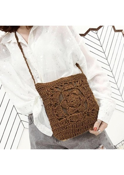 Kahve 2021 Yaz Saman Crossbody Kadın Kızlar Çiçek Tığ Işi Örgülü Omuz Çantaları Rattan Plaj Çantası Seyahat Alışveriş Çantası Oymak (Yurt Dışından)