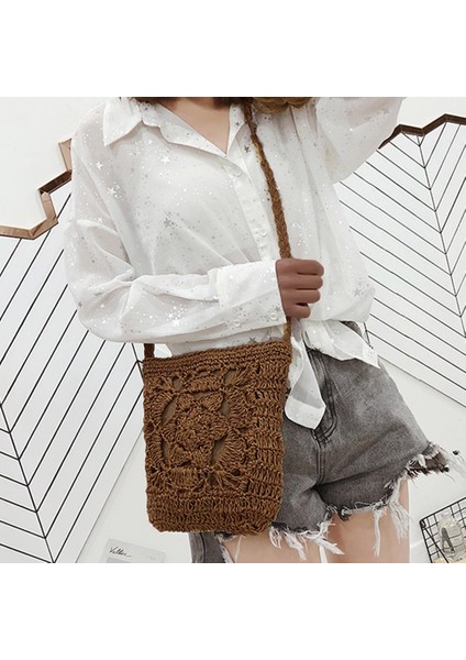 Kahve 2021 Yaz Saman Crossbody Kadın Kızlar Çiçek Tığ Işi Örgülü Omuz Çantaları Rattan Plaj Çantası Seyahat Alışveriş Çantası Oymak (Yurt Dışından) fırsatları