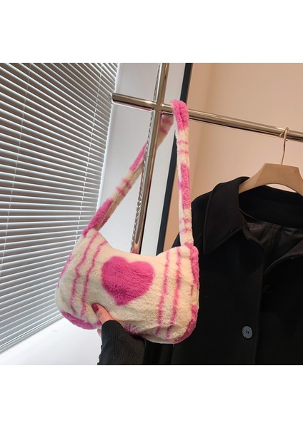 Aşk Pembe Peluş Koltukaltı Çantaları Rahat Sonbahar Kış Kabarık Bez Çantalar Taşınabilir Moda Aşk Kalp Baskılı Yumuşak Sokak Seyahat Için Sıcak (Yurt Dışından)