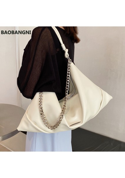 Siyah Kadın Hobos Omuz Çantaları Büyük Kapasiteli Zincir Tasarım Bayan Çanta Yumuşak Pu Deri Kadın Crossbody Çanta Rahat Büyük Tote Kahverengi (Yurt Dışından) modelleri