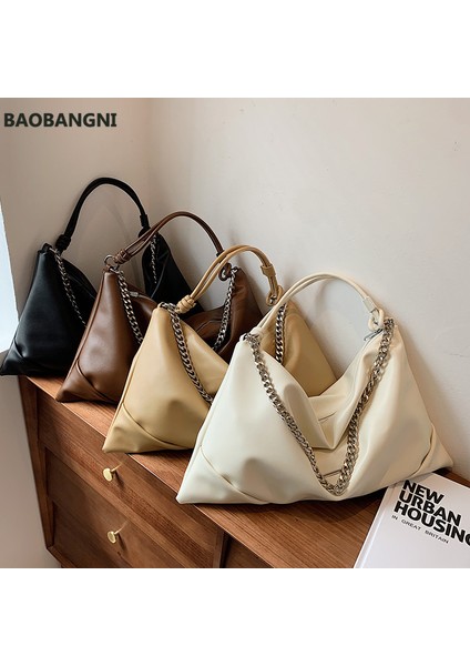 Siyah Kadın Hobos Omuz Çantaları Büyük Kapasiteli Zincir Tasarım Bayan Çanta Yumuşak Pu Deri Kadın Crossbody Çanta Rahat Büyük Tote Kahverengi (Yurt Dışından) indirimleri