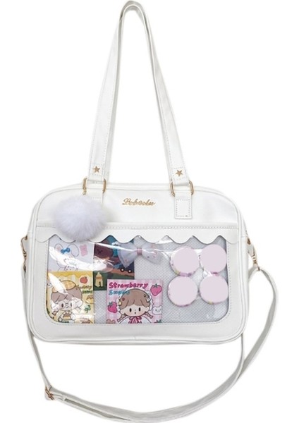 E Tipi Beyaz Lüks Pu Ita Çanta Crossbody Kadınlar Tatlı Lolita Çanta Sevimli Şeffaf Cep Japon Tarzı Omuz Çantası (Yurt Dışından)