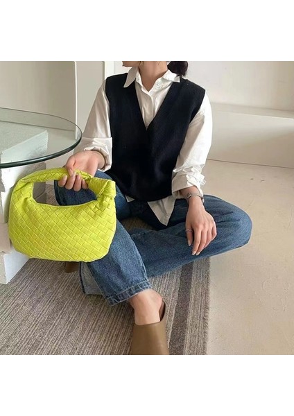 Floresan Sarı Yeni Moda El Yapımı Lüks Dokuma Çanta Yeşil Deri Omuz Çantası Bayanlar Messenger Hobo Pu Nodüler Kolu Rahat Küçük Çanta (Yurt Dışından)