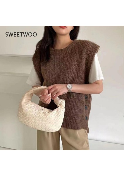 Floresan Sarı Yeni Moda El Yapımı Lüks Dokuma Çanta Yeşil Deri Omuz Çantası Bayanlar Messenger Hobo Pu Nodüler Kolu Rahat Küçük Çanta (Yurt Dışından)