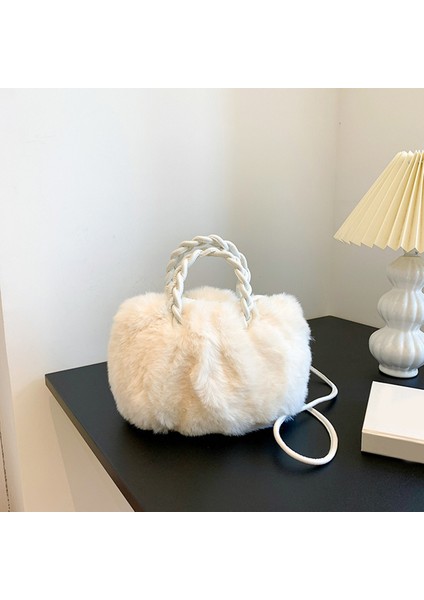 Bej Moda Kadın Peluş Omuz Çantaları Taşınabilir Küçük Sevimli Düz Renk Crossbody Çanta Kadın Kış Yumuşak Kabarık Kürk Dokuma Saplı Çanta (Yurt Dışından)