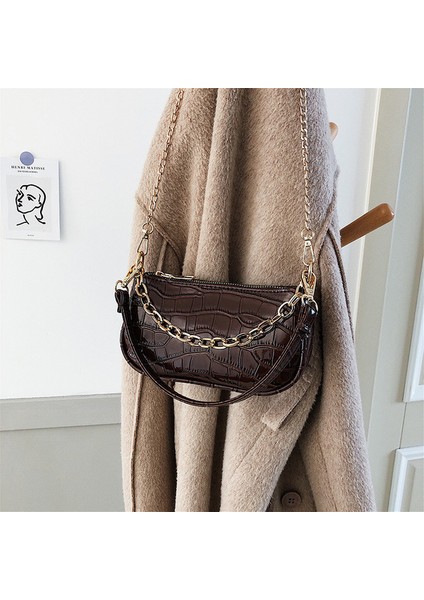Kahve Rengi Yeni Moda Koltuk Altı Messenger Çanta Baskılı Desen Pu Küçük Çanta Tek Omuz Çantaları + 2 Adet Zincir Omuz Askısı (Yurt Dışından)