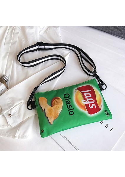 Yeşil Komik Patates Cipsi Crossbody Çanta Kadın Tuval Omuz Çantası Mini Karikatür Kız Zarf Çanta Kadın Debriyaj Kişilik Çanta (Yurt Dışından)