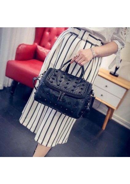 Siyah Rdywbu Perçin Hakiki Deri Askılı Çanta Kadın Örgü Örgü Koyun Tote Çanta Rahat Seyahat Crossbody Omuz Bolsas B306 (Yurt Dışından)