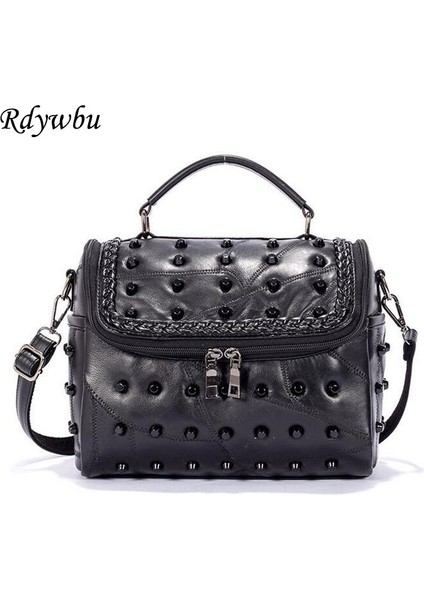 Siyah Rdywbu Perçin Hakiki Deri Askılı Çanta Kadın Örgü Örgü Koyun Tote Çanta Rahat Seyahat Crossbody Omuz Bolsas B306 (Yurt Dışından) fiyatları