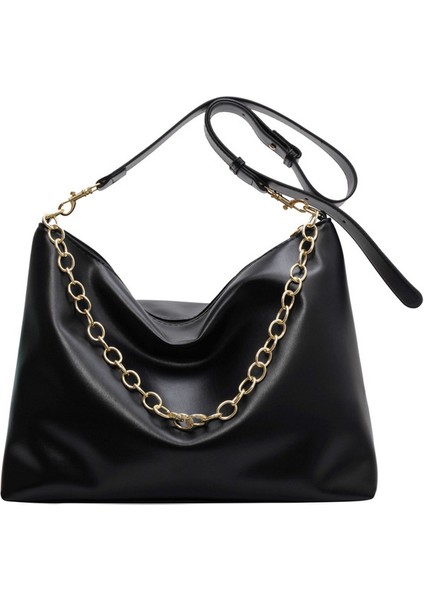 Siyah 2023 Moda Katı Kadın Çanta Çanta Yüksek Kapasiteli Kadın Zincir Omuz Çantası Pu Deri Crossbody Çanta Hobo Omuz Çantası (Yurt Dışından)