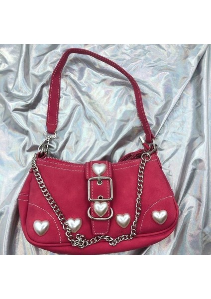 Gül Gül Kırmızı Kadınlar Kalp Goth Omuz Çantası Lolita Y2K Serin Kız Koltukaltı Çanta Vintage Harajuku Kadın Zincir Kılıfı Crossbody Çanta (Yurt Dışından)