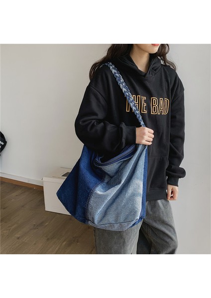 Mavi Denim Kadın Omuz Çantası Büyük Kapasiteli Örgü Kayış Kadın Crossbody Çanta Kanvas Kot Seyahat Büyük Çanta Mavi Bolsos Bayanlar Çanta (Yurt Dışından)