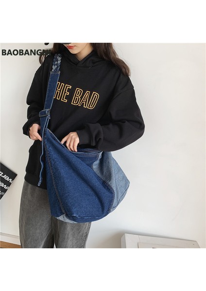 Mavi Denim Kadın Omuz Çantası Büyük Kapasiteli Örgü Kayış Kadın Crossbody Çanta Kanvas Kot Seyahat Büyük Çanta Mavi Bolsos Bayanlar Çanta (Yurt Dışından) fırsatları