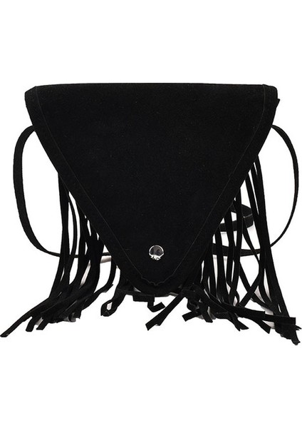 Siyah Mat Deri Saçaklı Kadın Postacı Çantası Sahte Süet Çanta Fırçalama Çanta Hippi Çingene Üçgen Püskül Omuz Crossbody Çanta (Yurt Dışından)