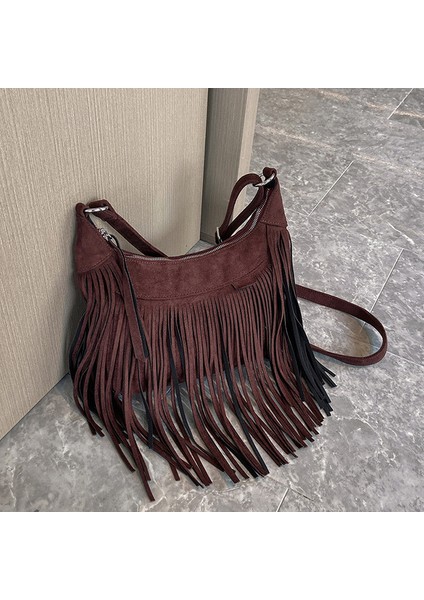 Kahve Kadın Vintage Püskül Süet Omuz Bayanlar Için Crossbody Çanta Pu Deri Koltukaltı Hobos Çanta Büyük Kapasiteli Tasarım Çanta Çanta (Yurt Dışından)